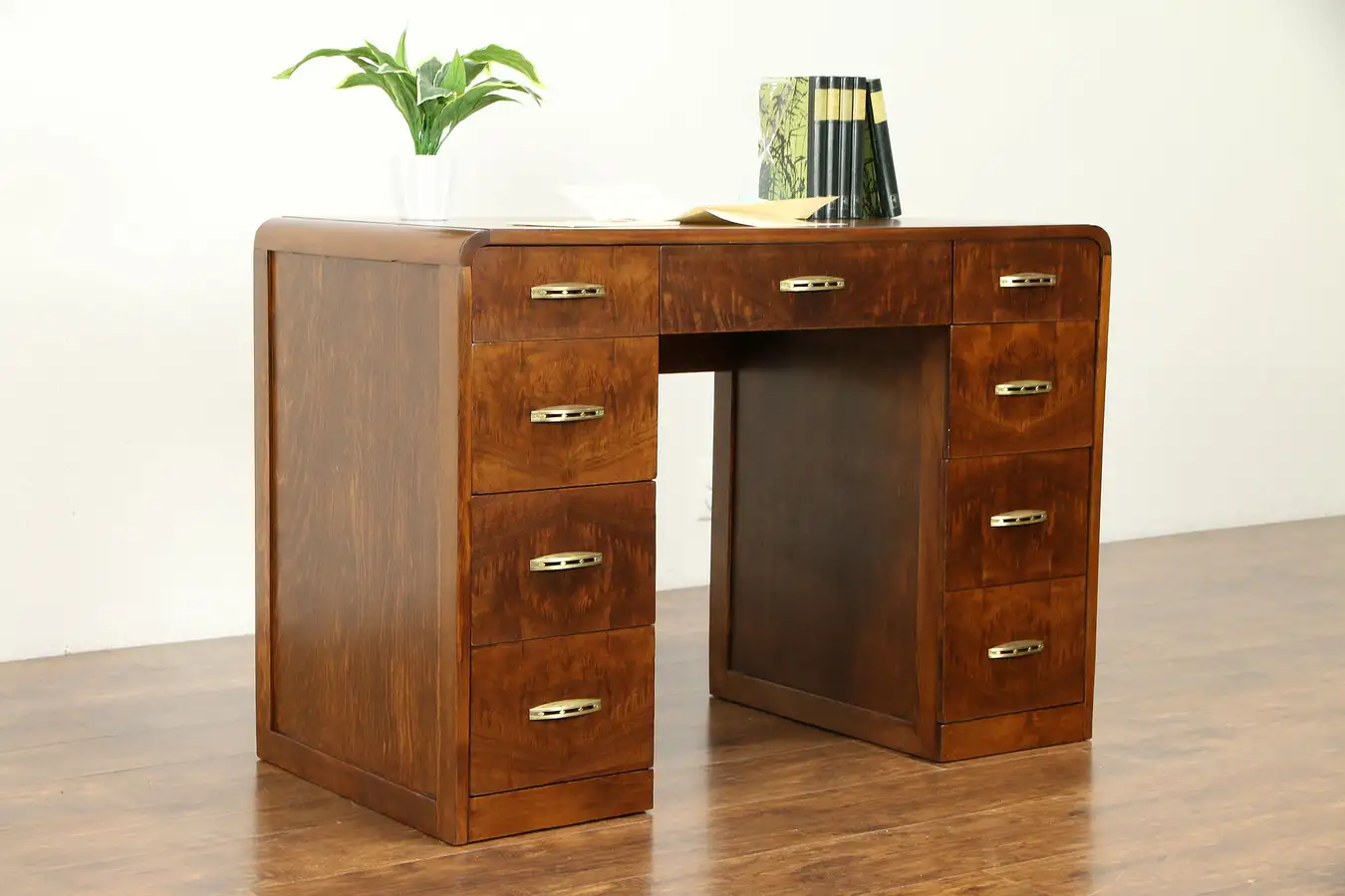 Main image of Art Deco 1940 Vintage Walnut & Burl Library Desk, Original Pulls