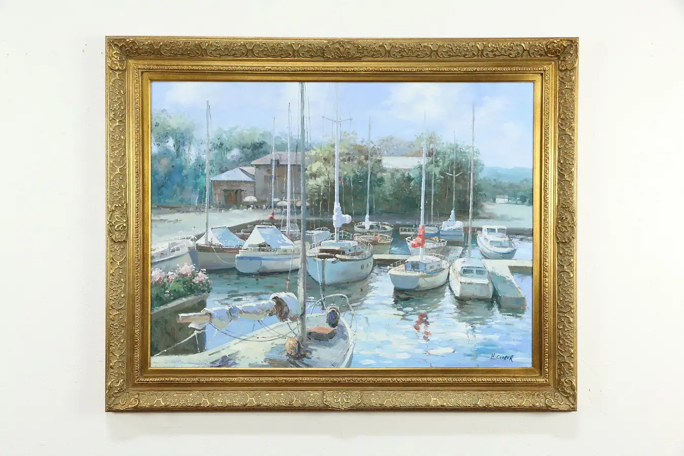 Main image of Summer Harbor & Sailboats Original Oil Painting on Canvas H. Cooper 58"