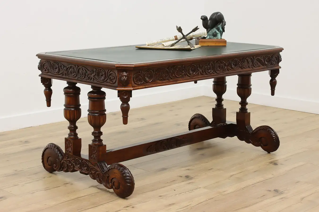 Main image of Renaissance Vintage Carved Library Table Desk, Leather Top