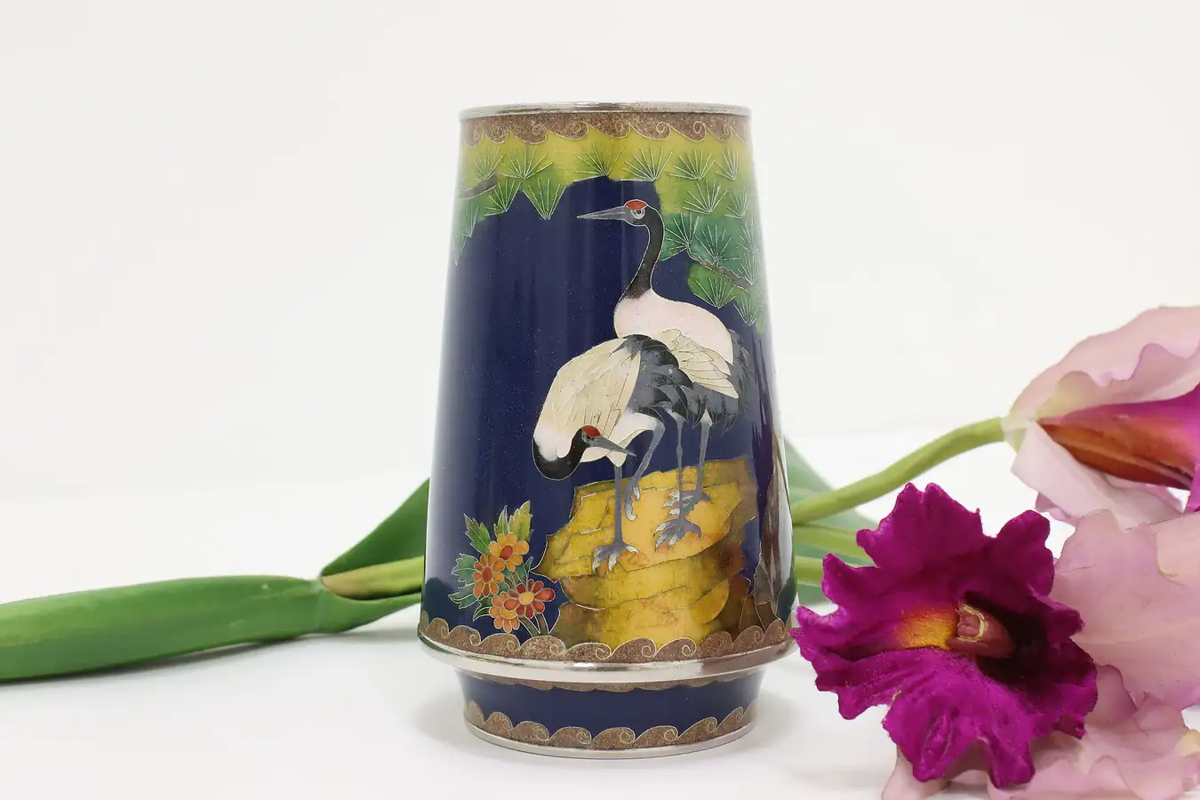 Main image of Asian Vintage Cloisonne Inlaid Enamel Vase, Red Cranes