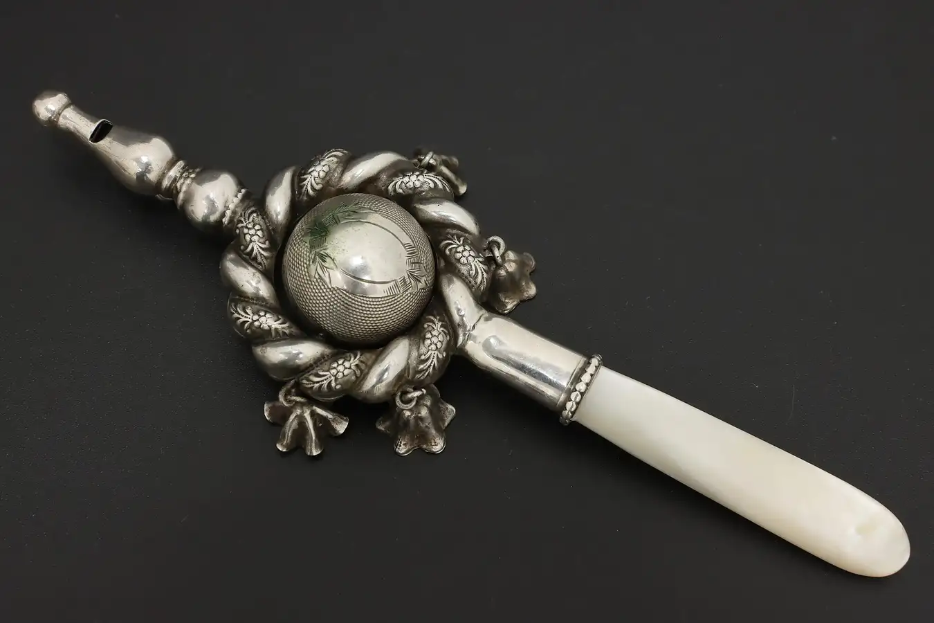 Main image of Victorian Antique Sterling Silver & Pearl Handle Baby Rattle