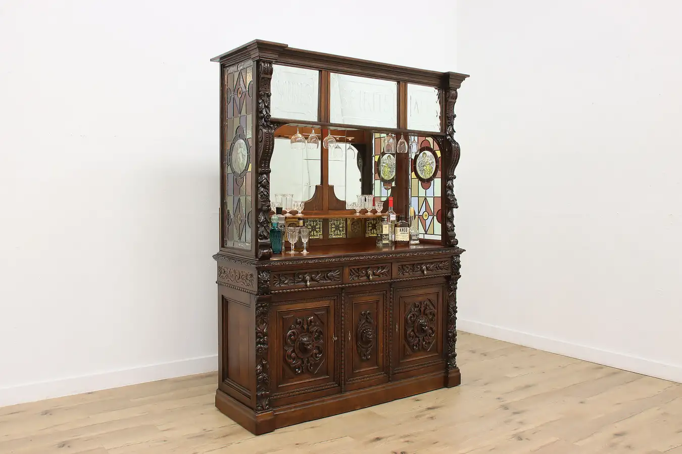 Main image of Victorian Antique English Oak Bar, Stained Glass, Mirrors