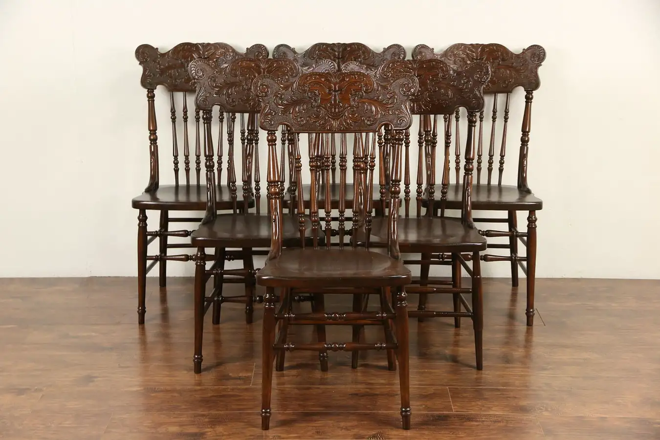 Main image of Set of 6 Antique 1900's North Wind Carved Pressback Dining Chairs