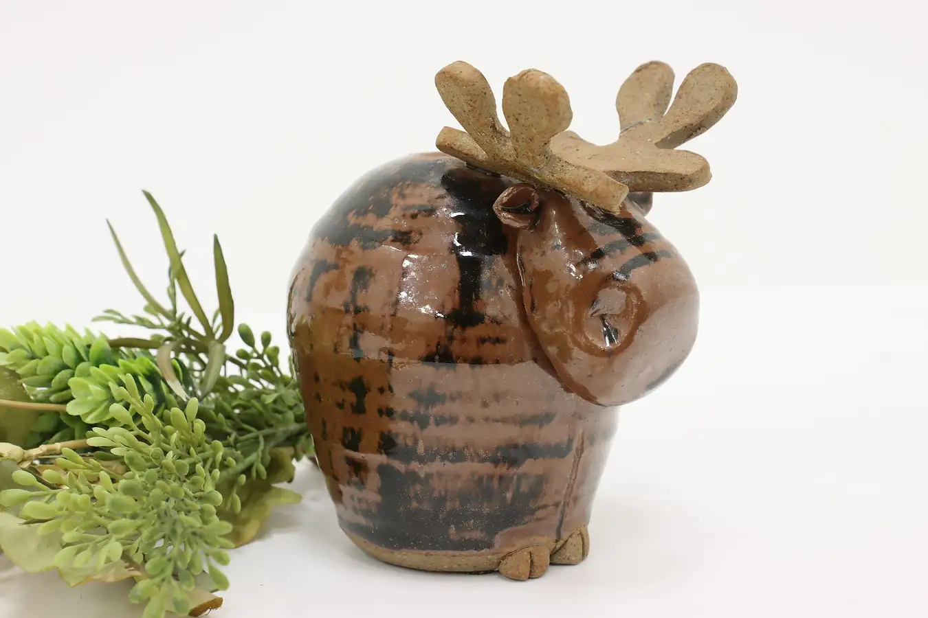 Main image of Glazed Vintage Ceramic Moose Vase, Signed