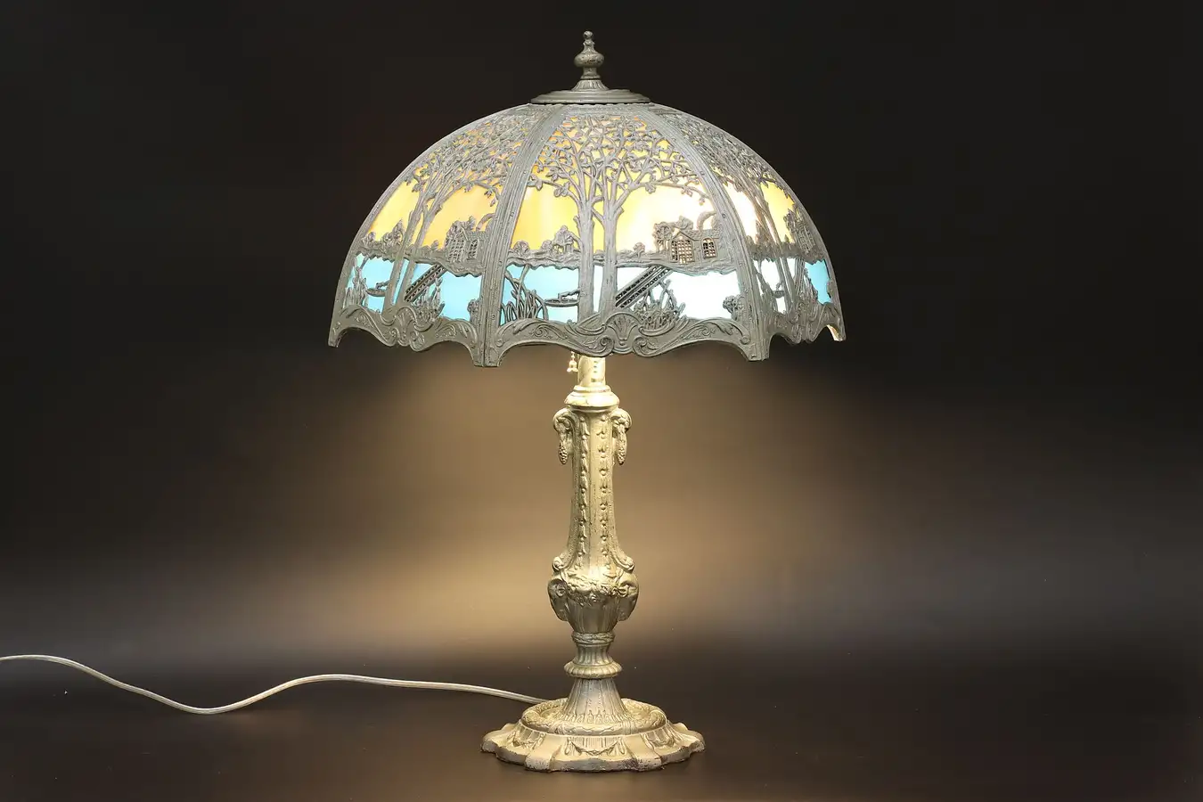 Main image of Victorian Antique Stained Glass Table Lamp, Country Scenes