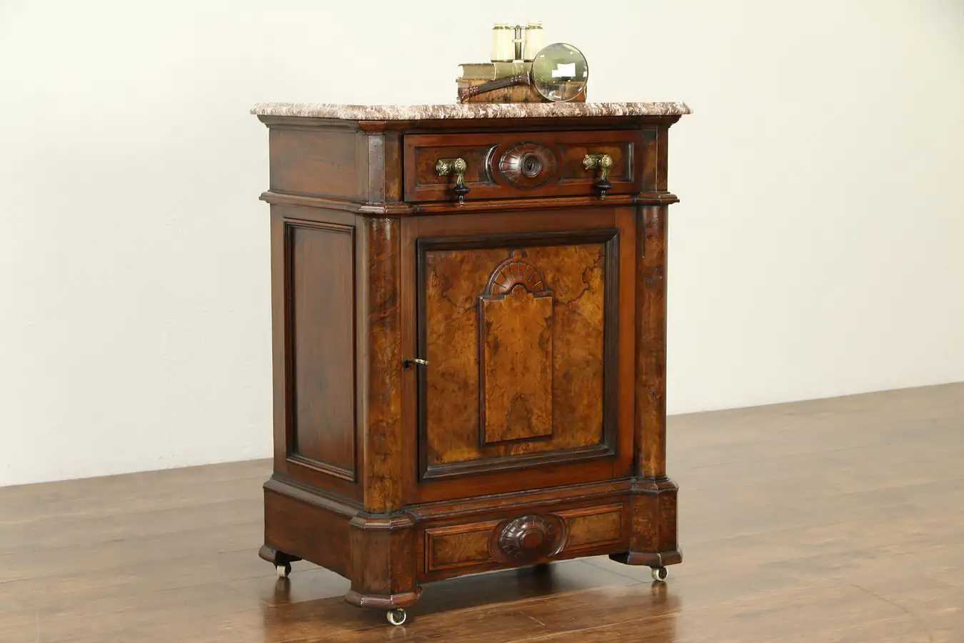 Main image of Victorian Antique Walnut Nightstand, End Table or Bar Cabinet, Marble Top