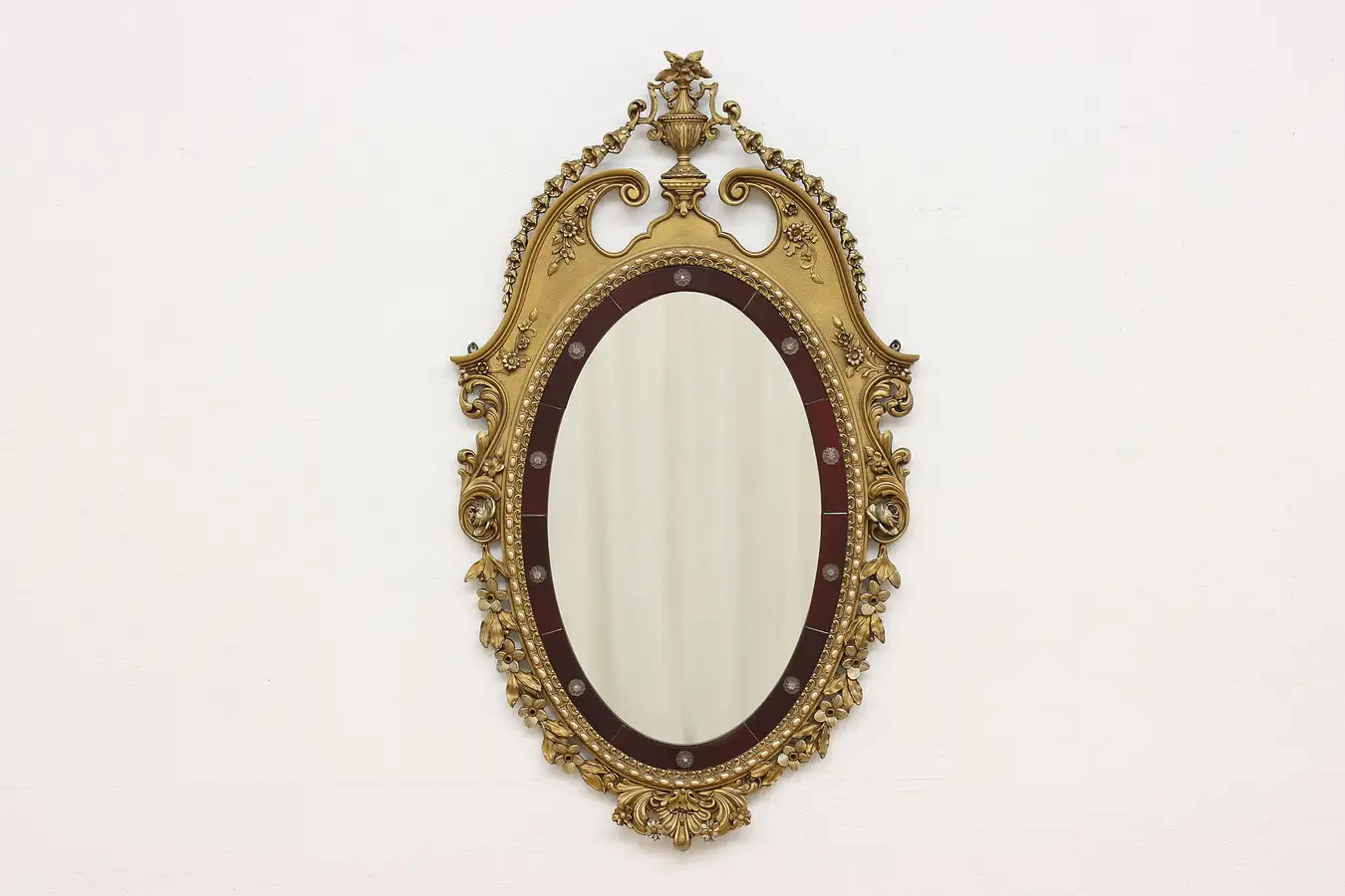 Main image of French Vintage Carved Wall Mirror Ruby Glass, Flowers