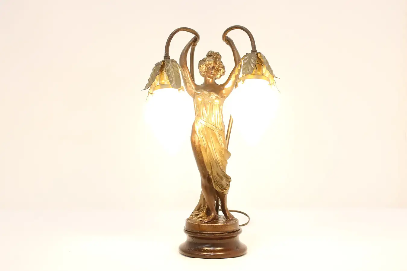 Main image of Art Nouveau Antique Brass Newel Post Lamp, Woman Figure