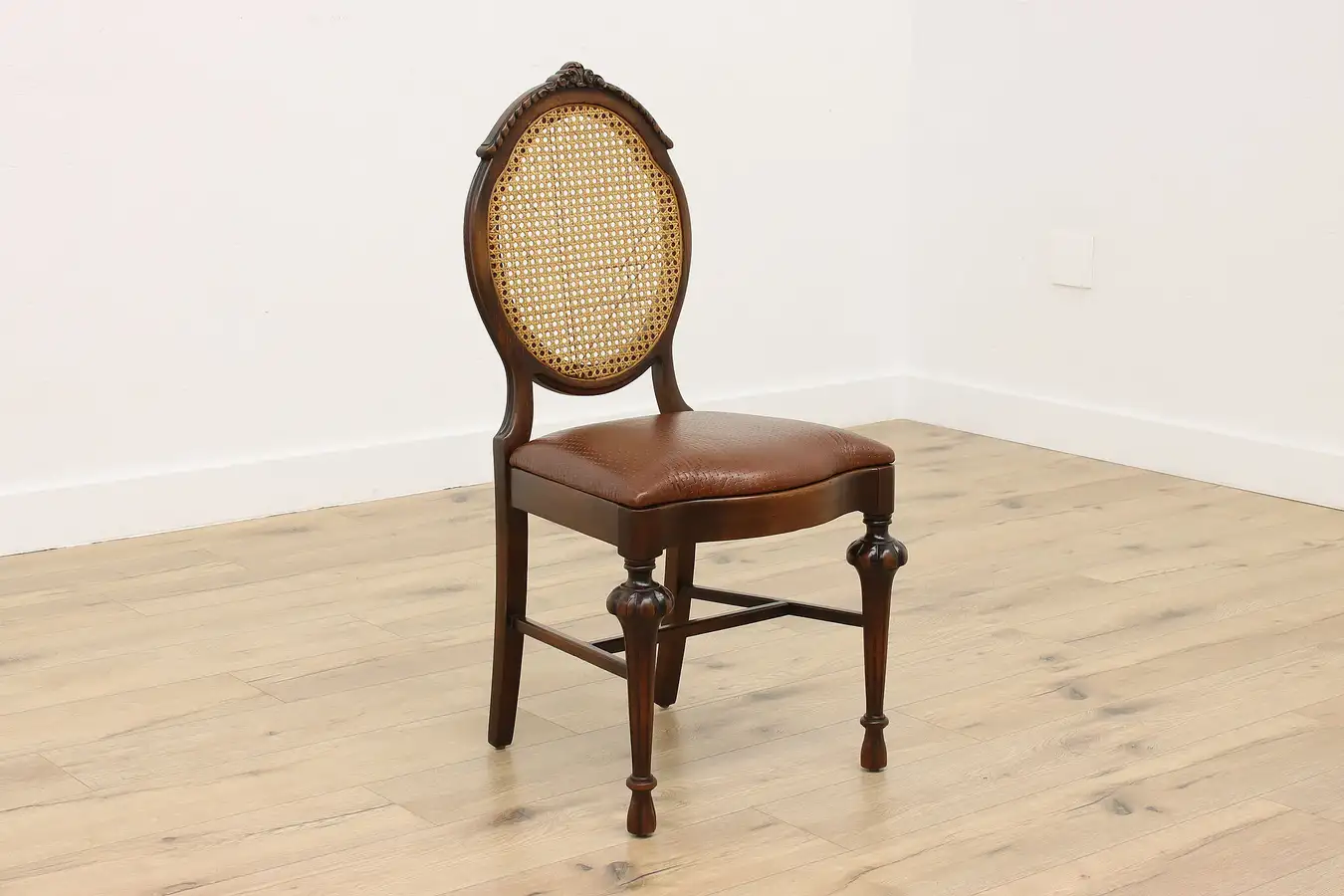 Main image of Tudor Design Antique Caned Walnut Vanity Chair, New Leather