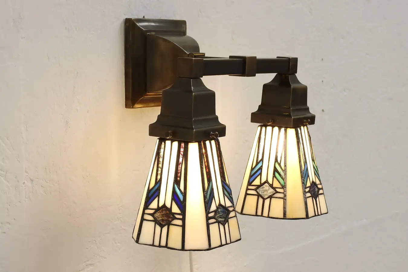 Main image of Arts & Crafts Mission Vintage Brass Wall Leaded Glass Sconce