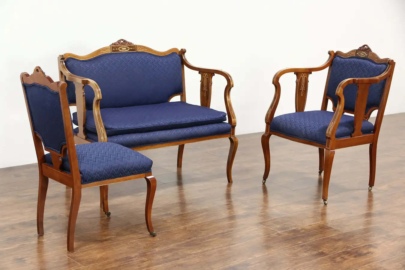 Main image of Art Nouveau 1910 Antique 3 Pc. Parlor Set, Loveseat, 2 Chairs, Pearl Inlay