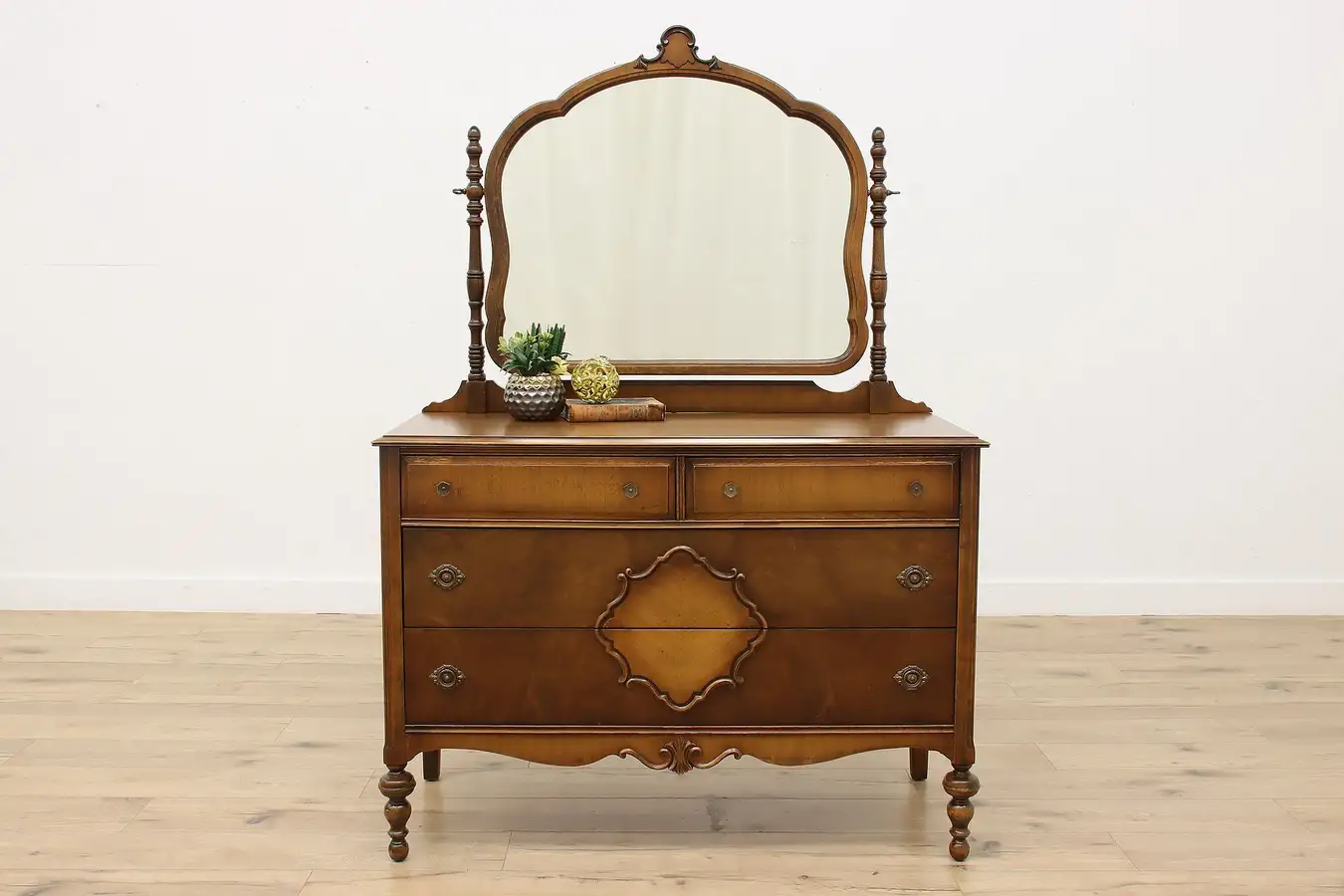 Main image of Tudor Vintage Carved Walnut Dresser or Chest, Swivel Mirror