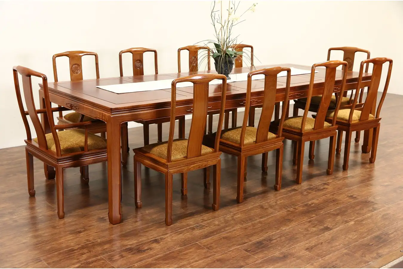 Main image of Asian Vintage Carved Rosewood Dining Set, Table 3 Leaves, 10 Chairs, Thailand