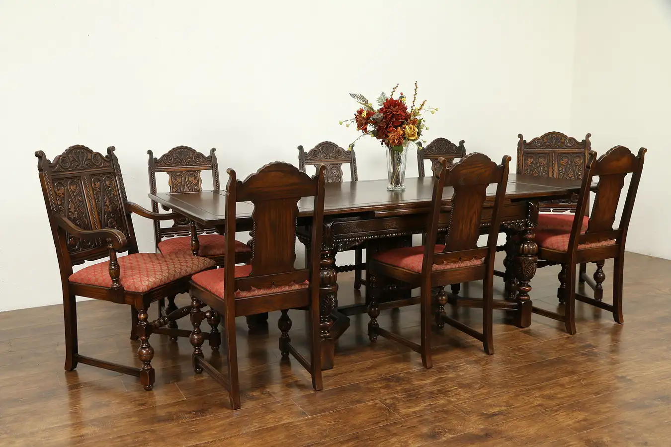 Main image of English Tudor Antique Carved Oak Dining Set, Table & Leaves, 8 Chairs