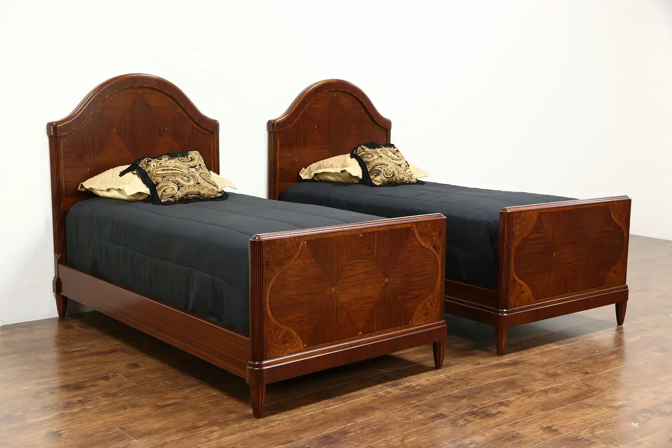 Main image of Pair 1925 Antique English Art Deco Twin Beds, Rosewood & Burl Marquetry