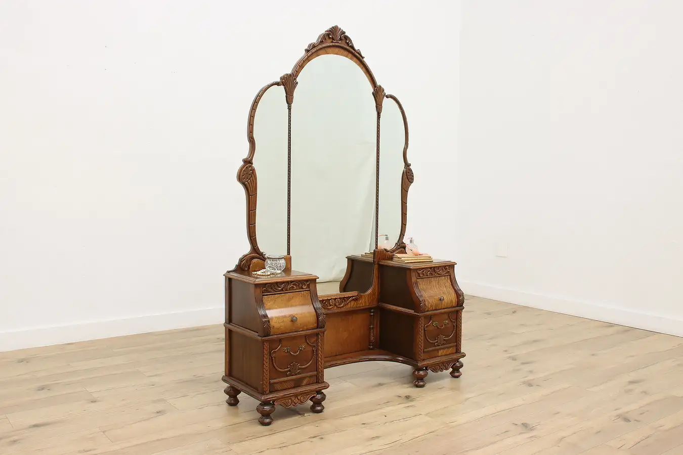 Main image of Tudor Vintage Walnut Vanity or Dressing Table, Triple Mirror
