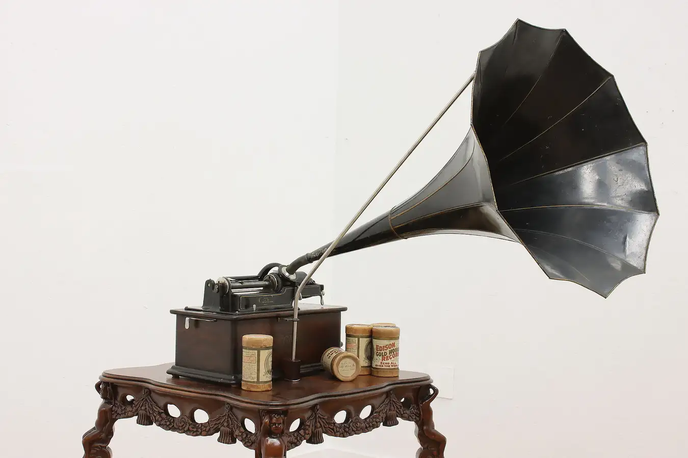 Main image of Oak Cylinder Phonograph Morning Glory Horn, Records Edison