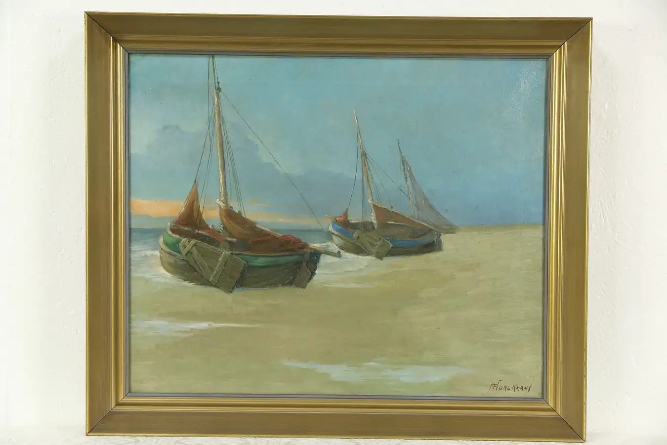 Main image of Fishing Boats, Original 1930's Oil Painting, Signed Horckmans, Belgium