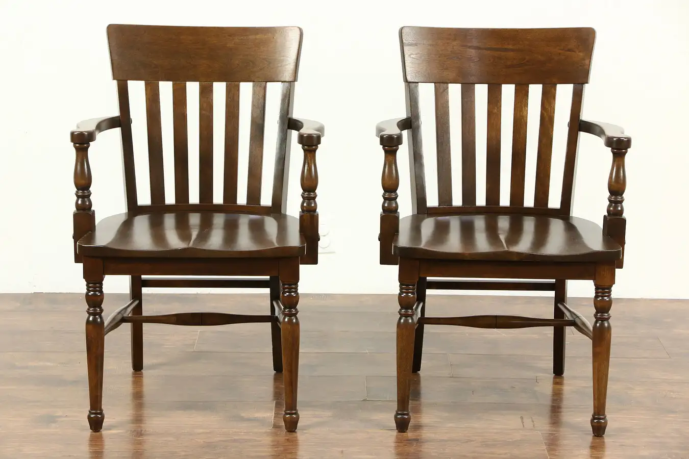 Main image of Pair 1920 Antique Curved Back Birch Banker, Office or Library Chairs with Arms