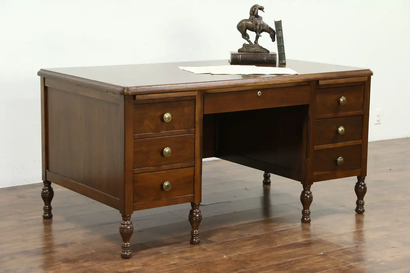 Main image of Walnut Antique 1920 Executive Office or Library Desk, Signed Lincoln