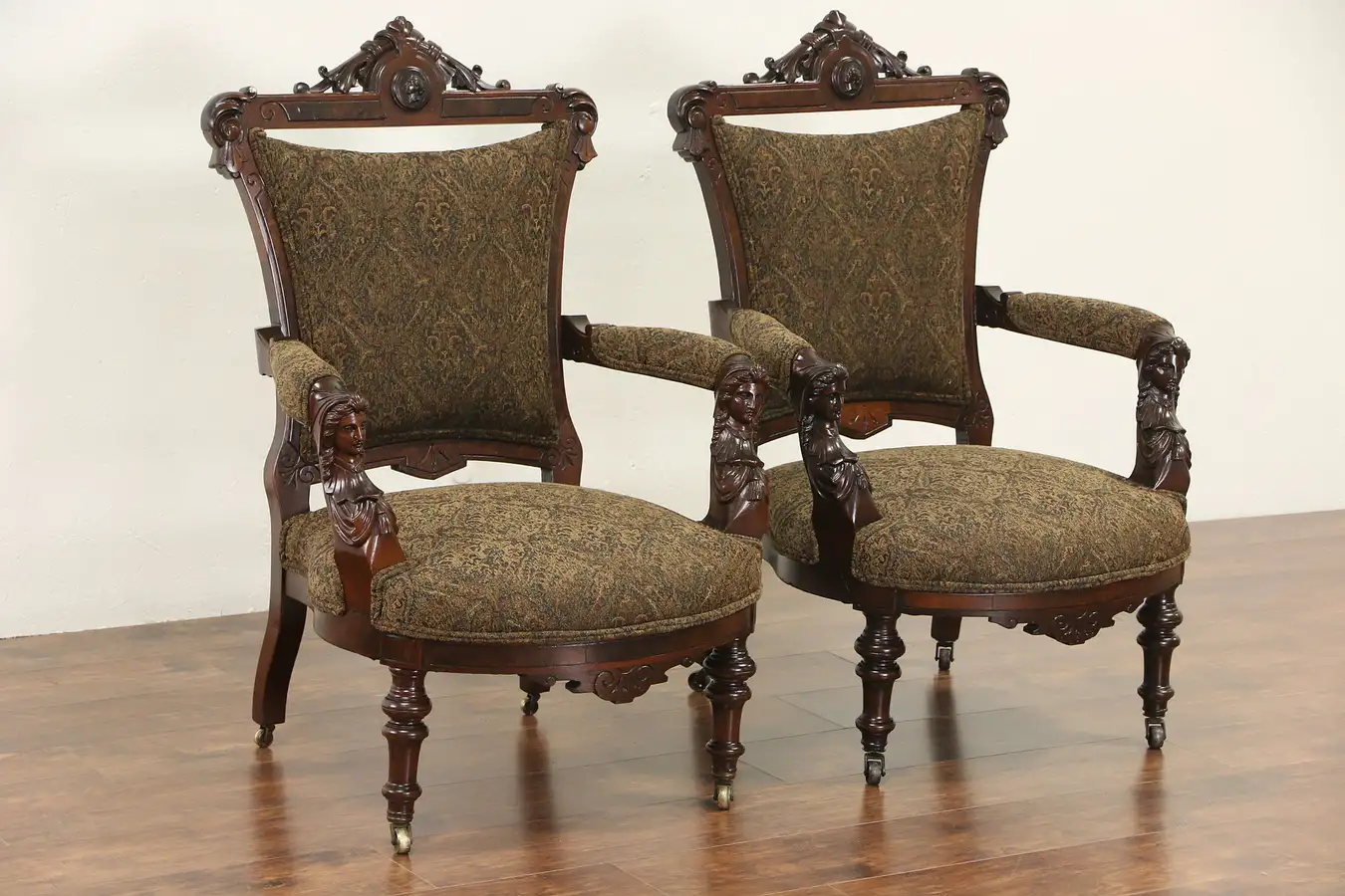 Main image of Victorian Renaissance 1870's Antique Jenny Lind Carved Pair of Parlor Chairs