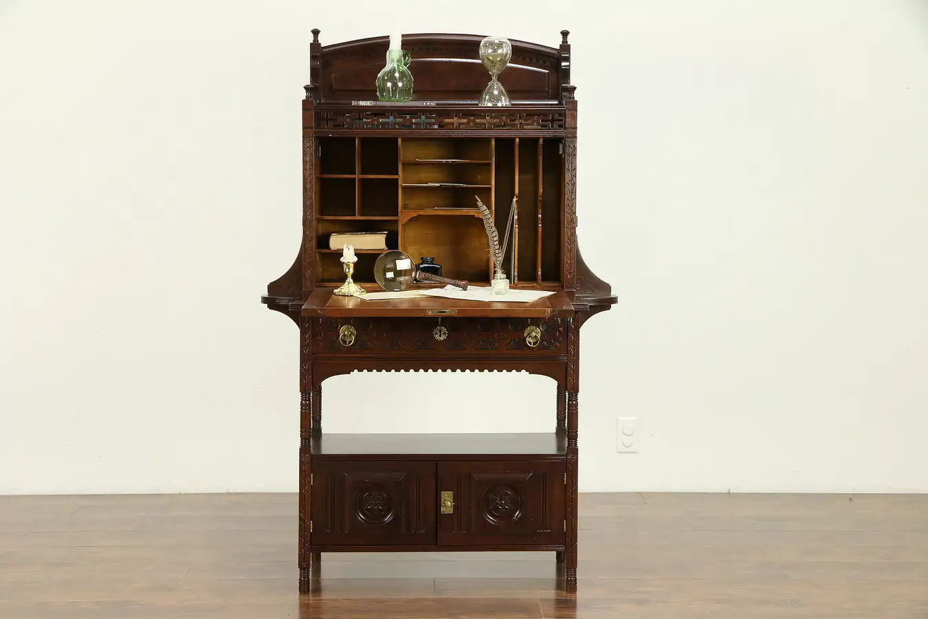 Main image of Victorian Eastlake Antique 1880 Carved Walnut & Burl Secretary Desk