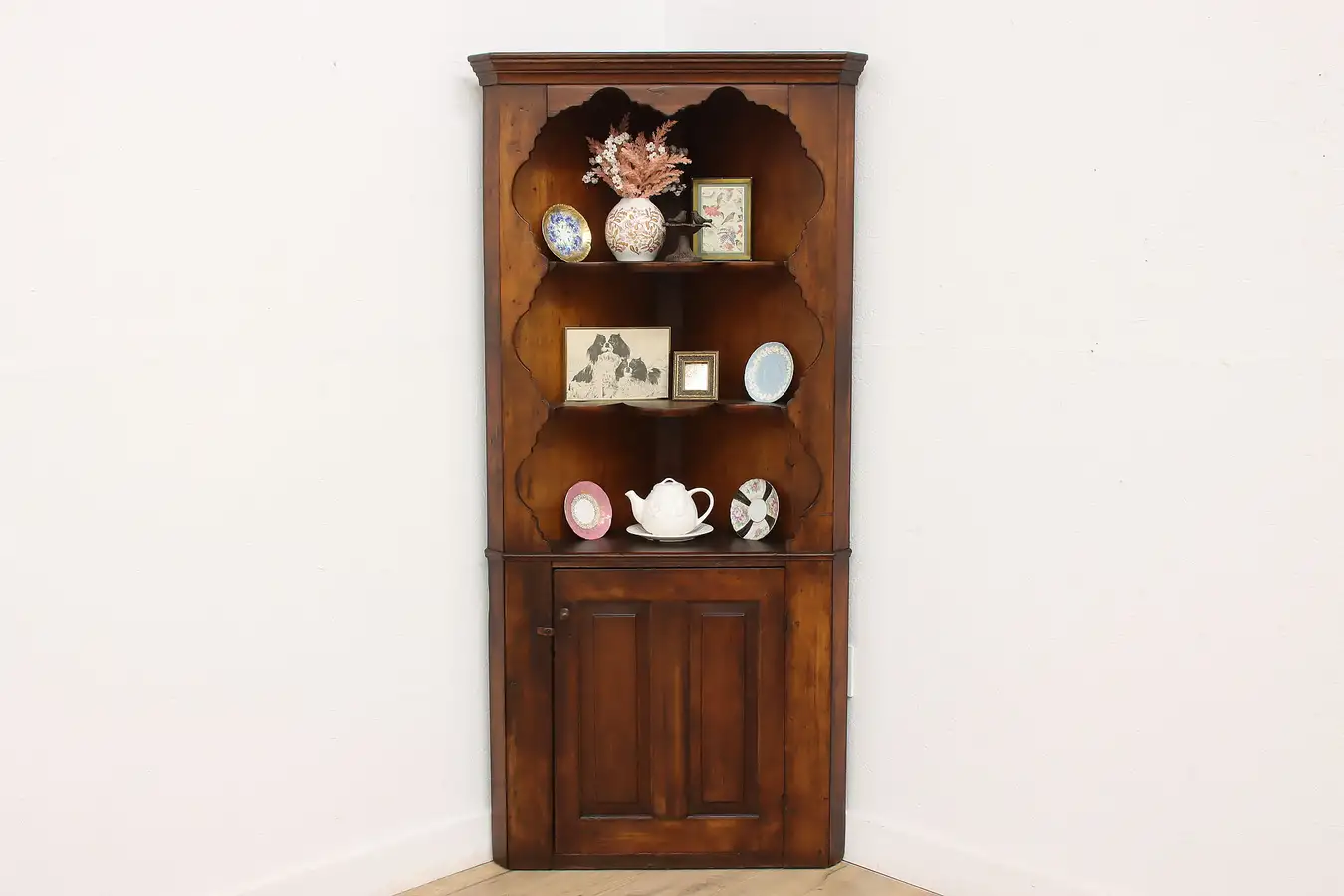 Main image of Farmhouse Antique Pine China or Display Corner Cabinet