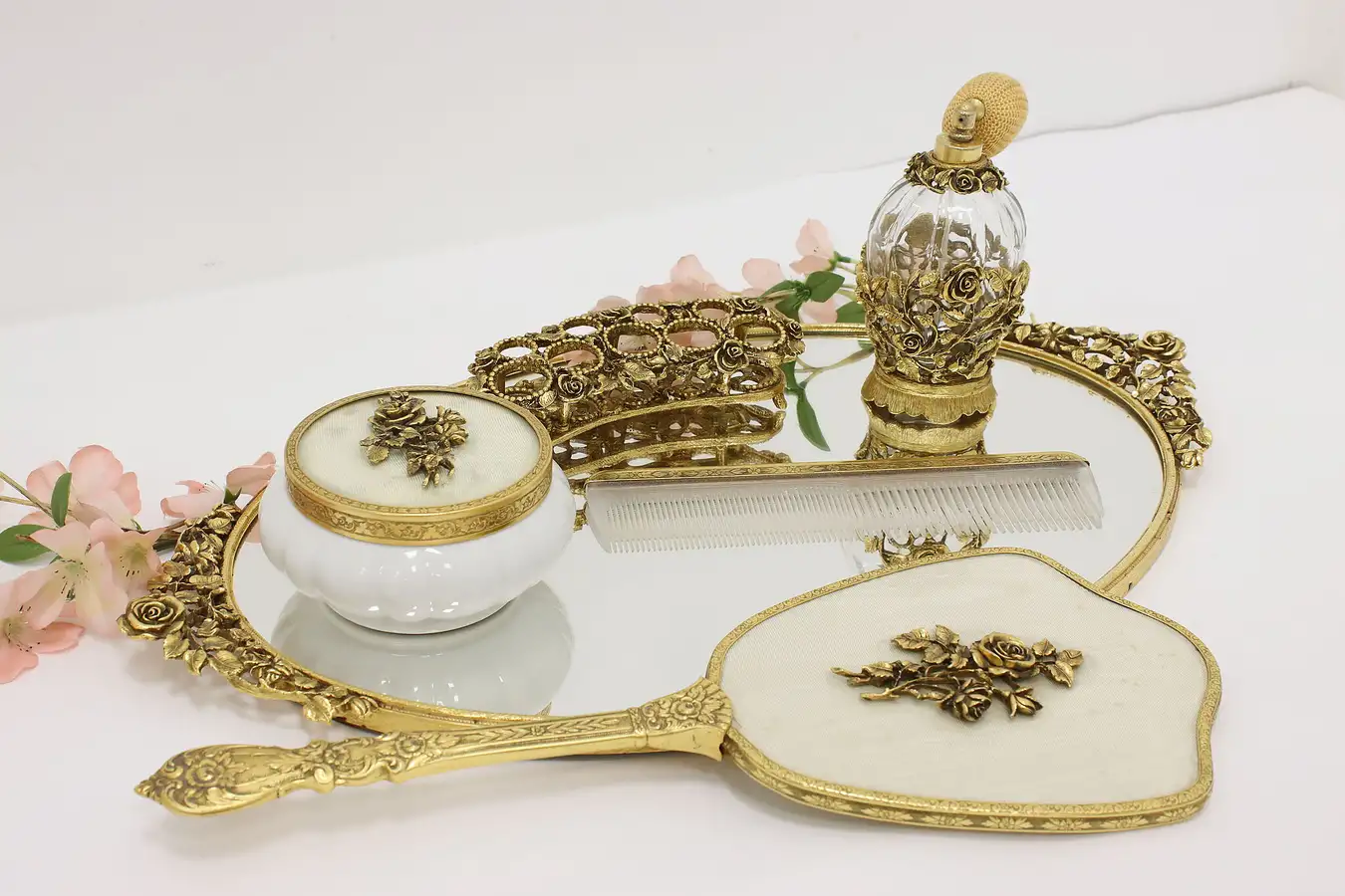 Main image of Gold Plated Vintage 6 Pc Vanity Set Mirror Tray, Matson