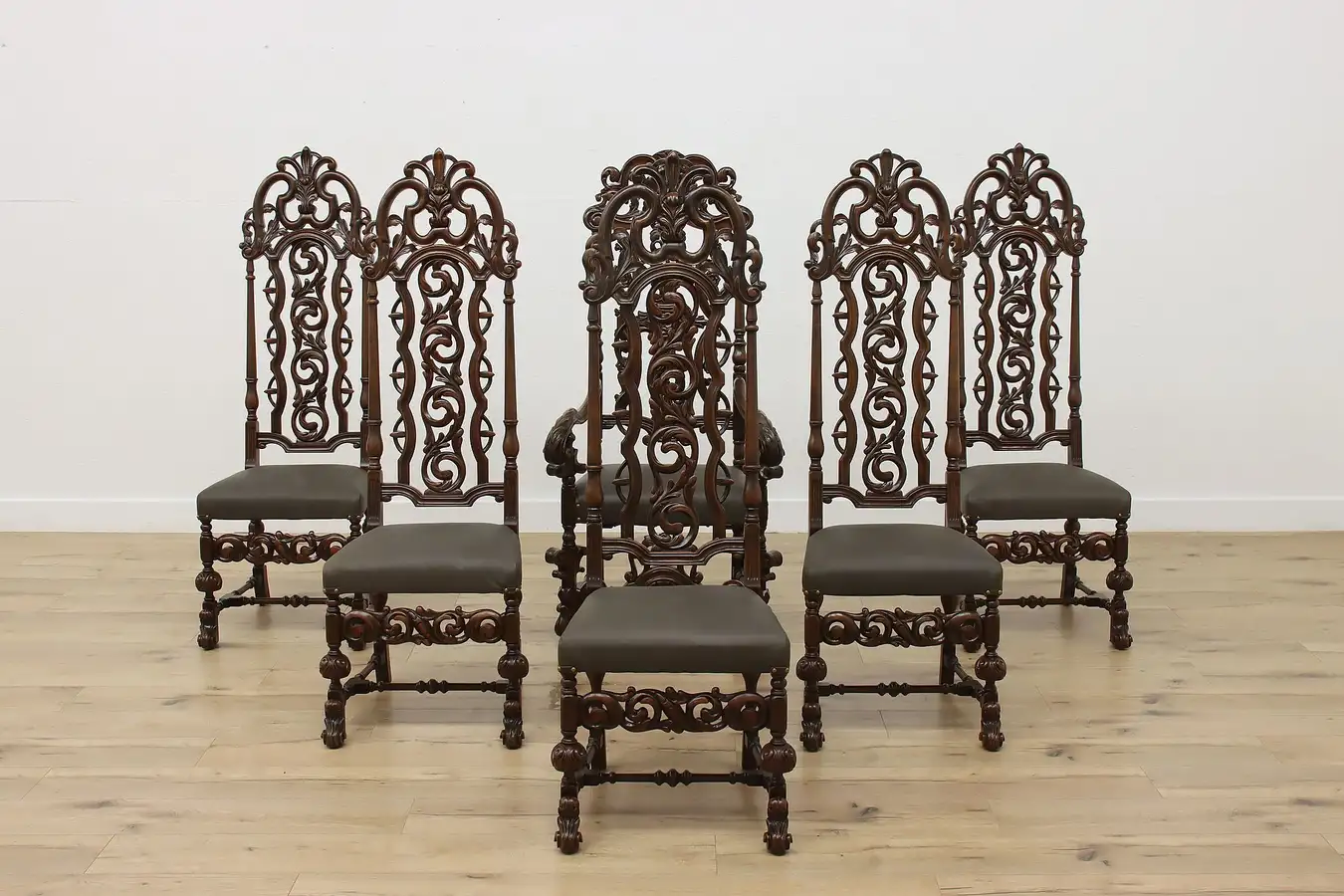 Main image of Set of 6 English Tudor Antique Walnut, Leather Dining Chairs