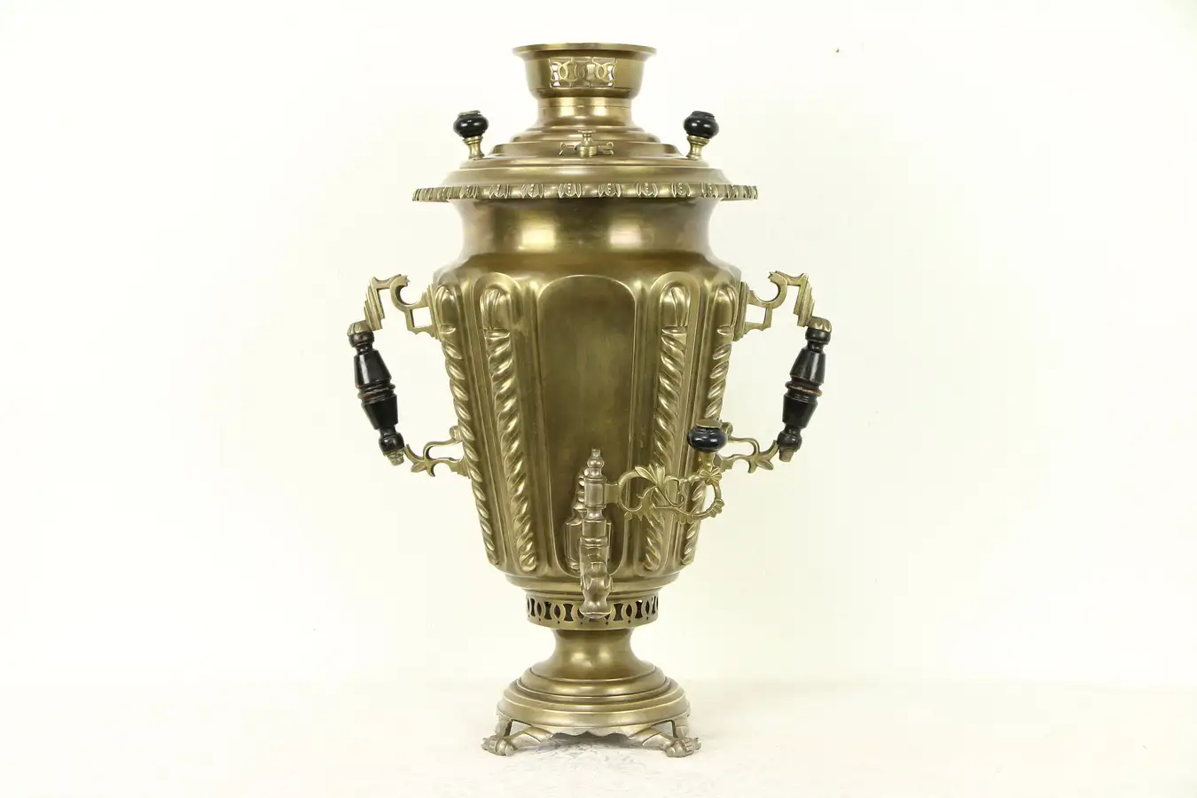 Main image of Russian Antique Brass Samovar Hot Water Tea Kettle, Cyrillic Inscriptions