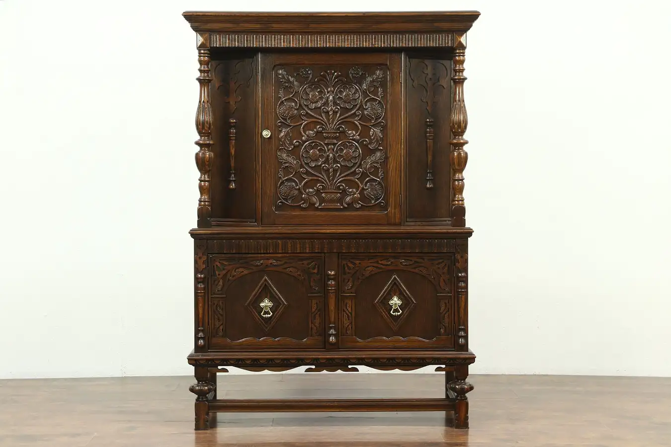 Main image of English Tudor Carved Oak Antique China or Bar Cabinet, Signed Hodell