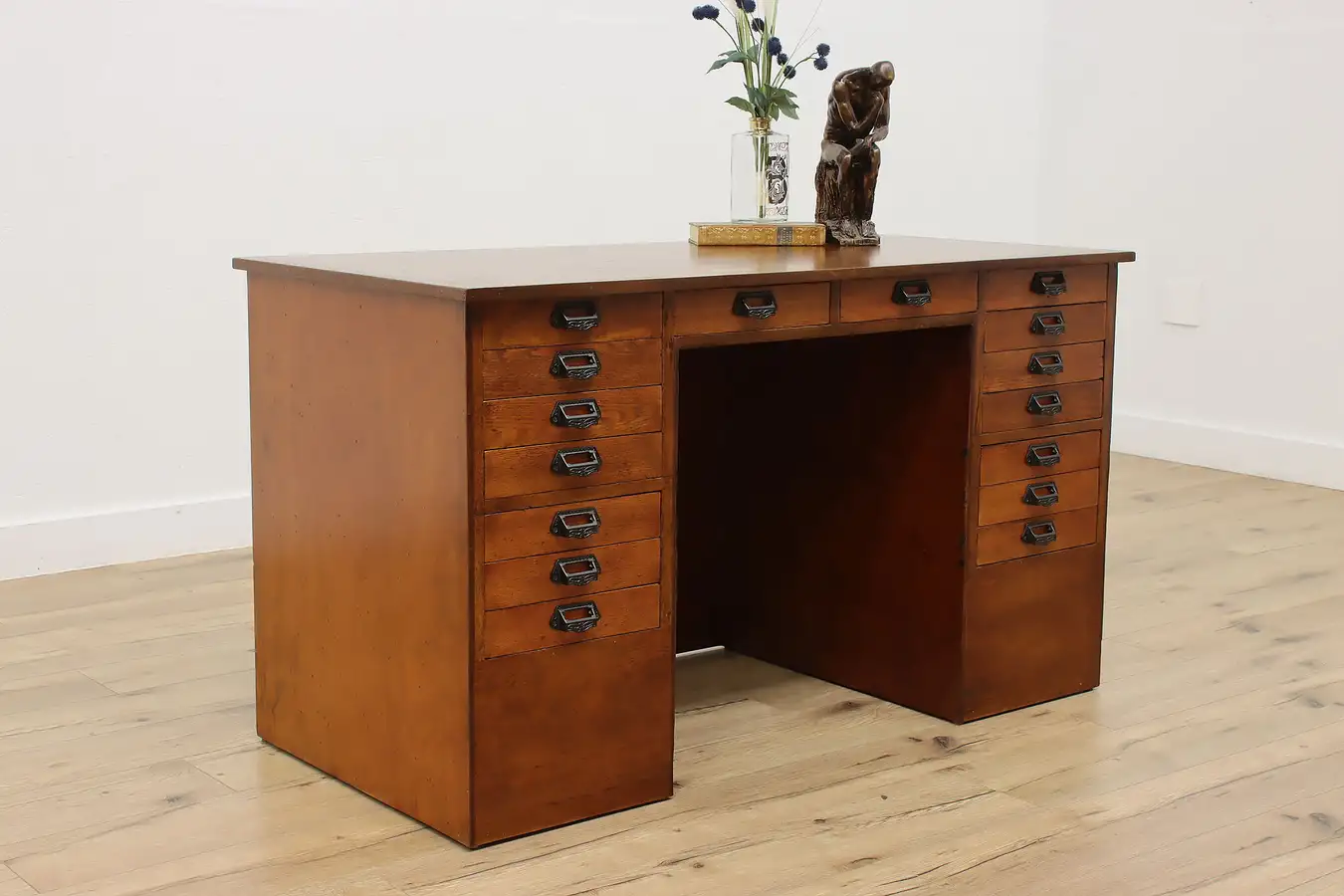 Main image of Industrial Antique 16 Drawer Farmhouse Oak Office Desk