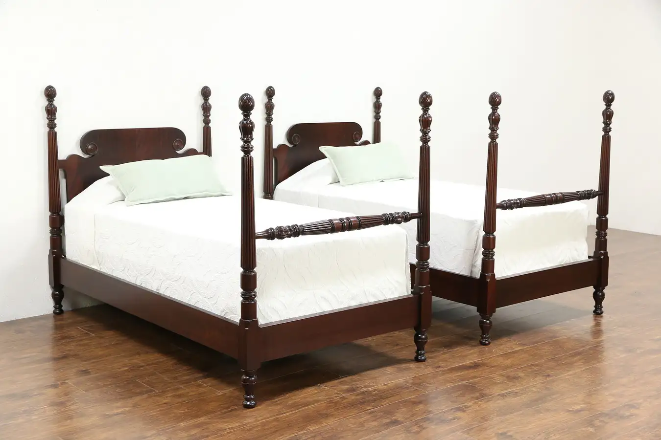 Main image of Pair of 1920 Antique Pineapple Poster Twin or Single Mahogany Beds