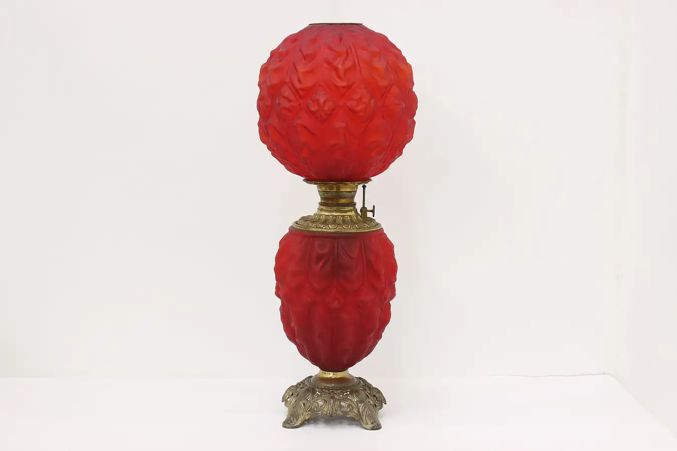Main image of Victorian Antique Red Pigeon Blood Glass & Brass Oil Lamp