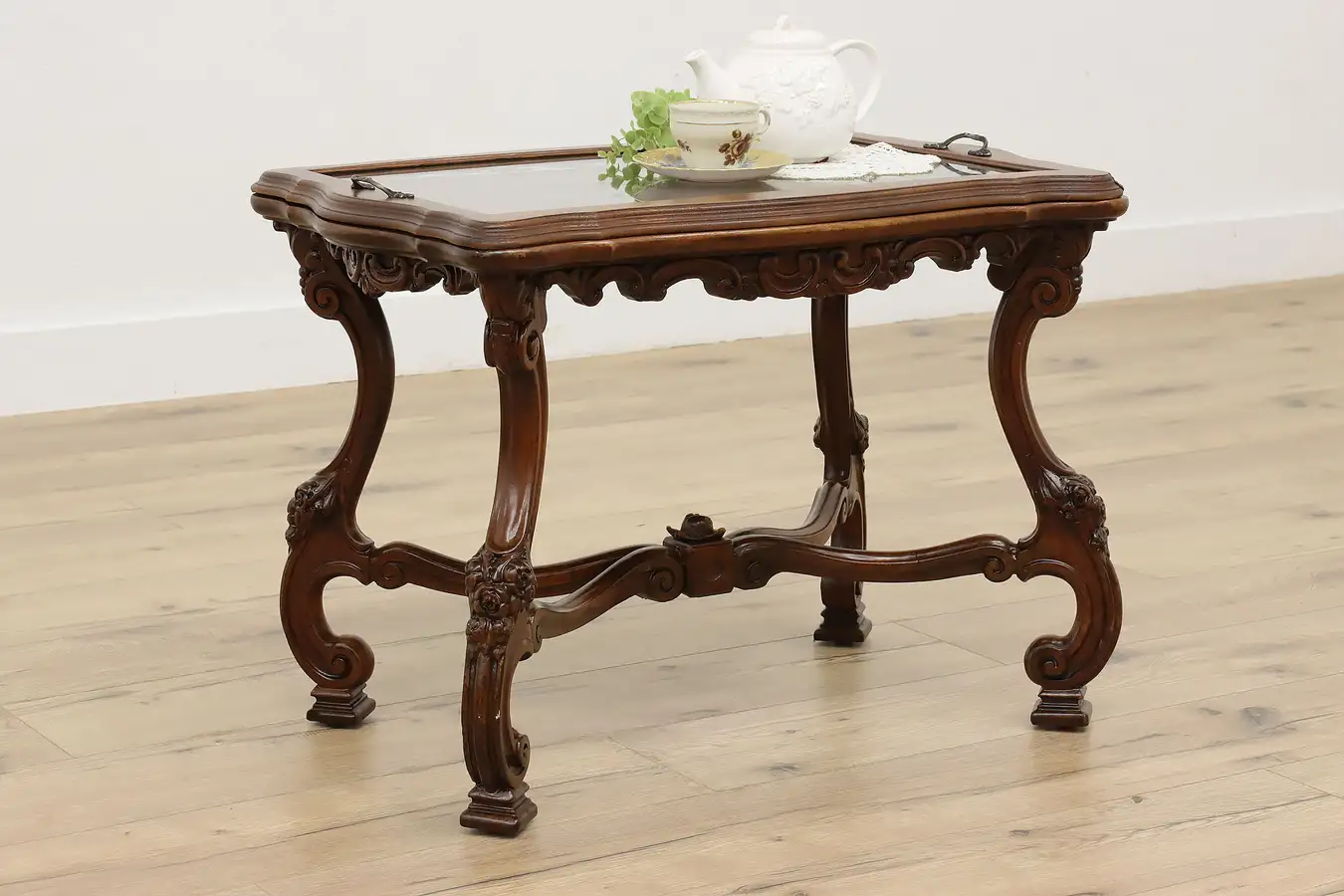 Main image of French Design Antique Carved Walnut Coffee Table, Glass Tray