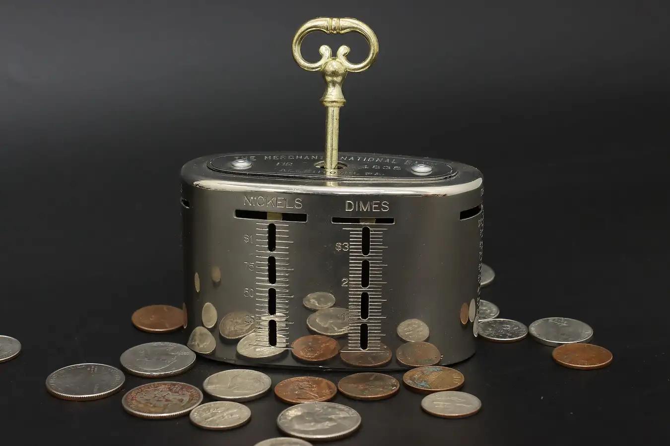 Main image of Nickel Plated Antique Recording Coin Bank Allentown PA