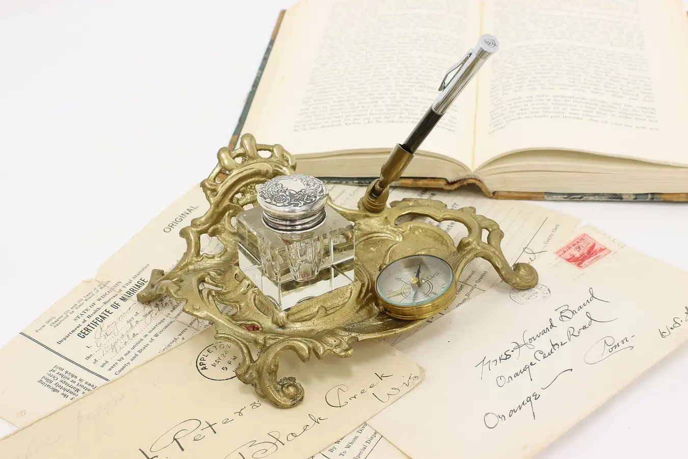 Main image of Classical Antique Brass Office Desktop Inkwell, Pen Holder