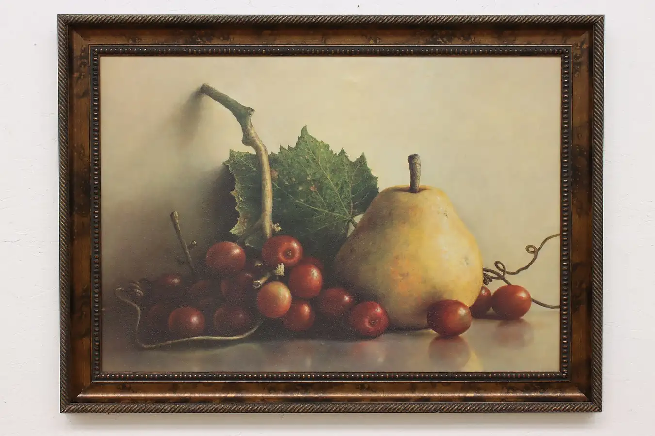 Main image of Still Life of Pear & Grapes Vintage Original Oil Painting 49"