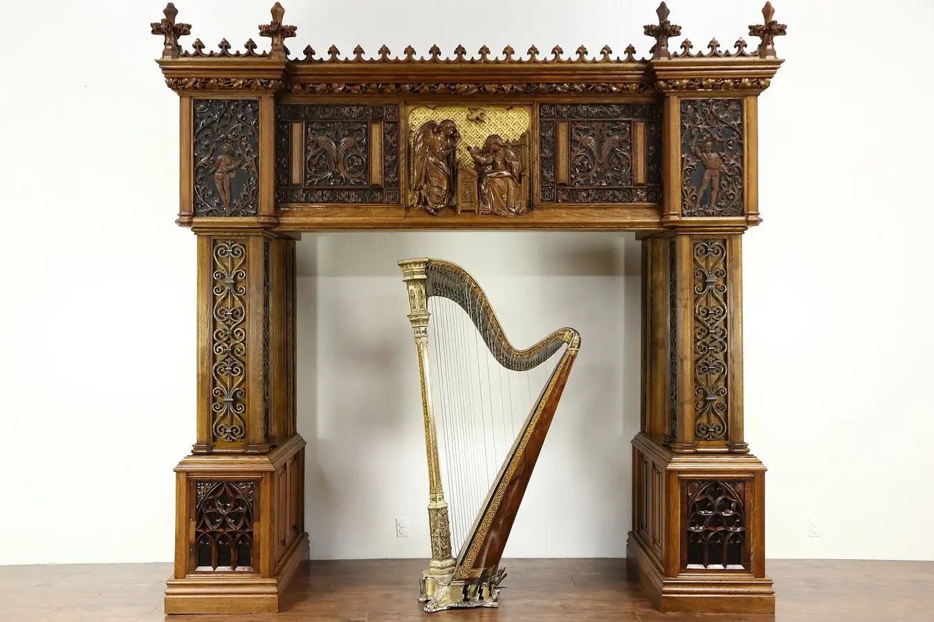 Main image of Gothic Carved Oak Angel Annunciation Architectural Salvage Mantel, Bed, Archway