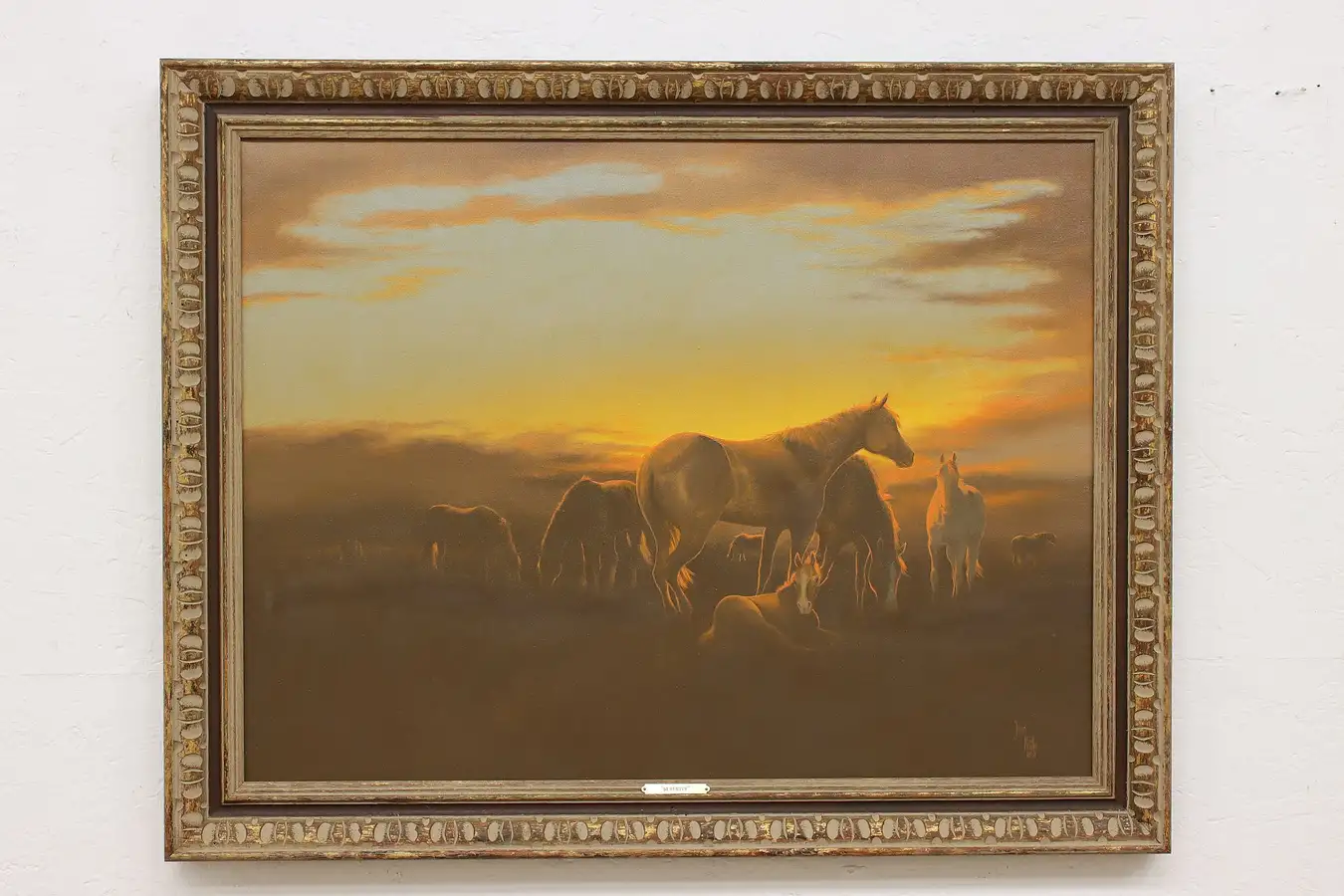 Main image of Sunrise & Mustang Horses Vintage Oil Painting Pfeiffer 37"