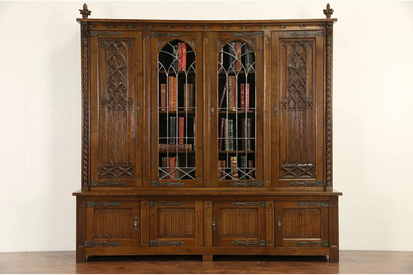 Main image of Dutch Carved Oak 1915 Antique Gothic Library Bookcase, Leaded Glass Doors