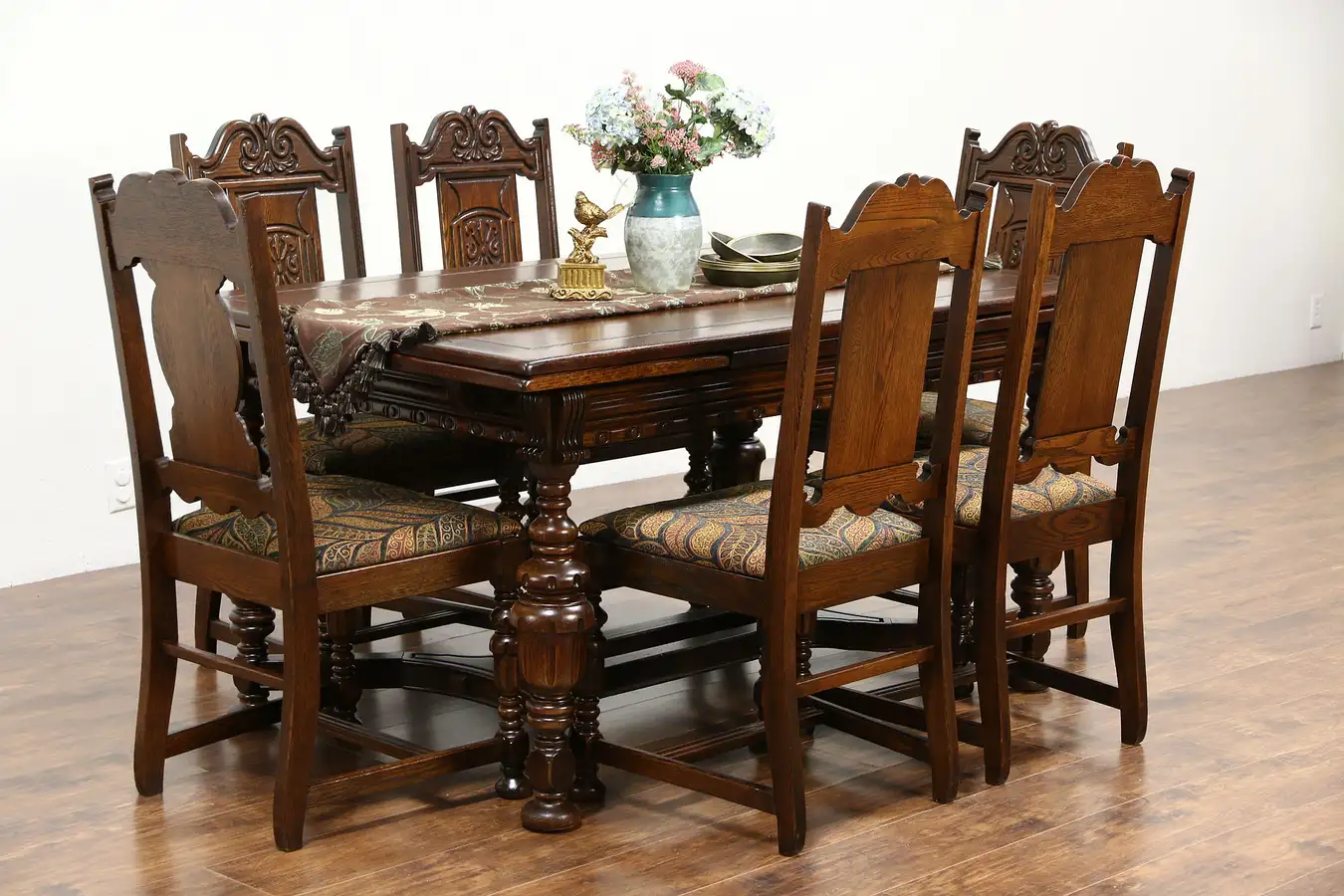 Main image of Tudor 1925 Antique Carved Oak Dining Set, Table, 6 Chairs, New Upholstery