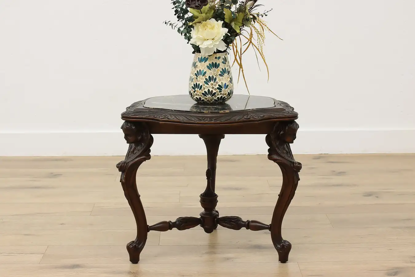 Main image of Carved Angels Antique Carved Walnut & Marble Coffee Table