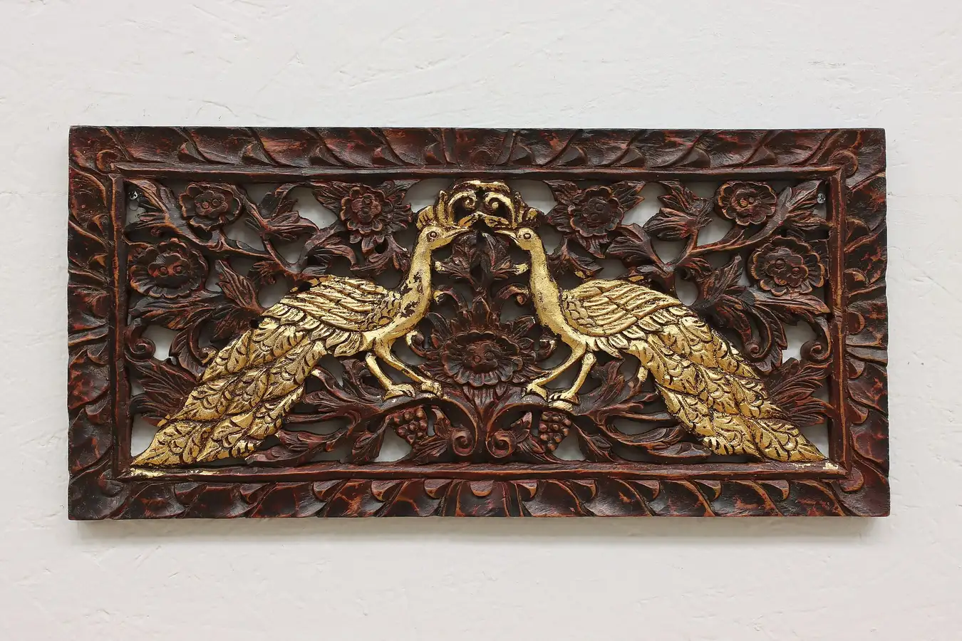 Main image of Bali Vintage Hand Painted Salvage Wall Panel Carved Peacocks