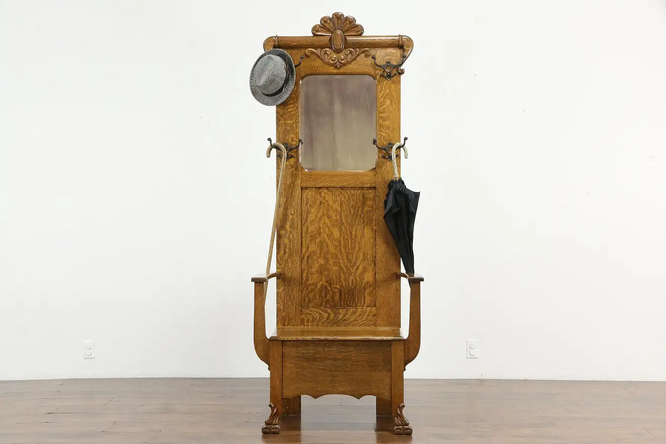 Main image of Victorian Antique Oak Hall Bench & Beveled Mirror, Carved Lion Paws