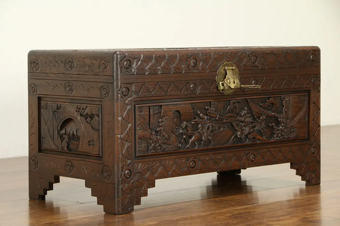 Main image of Chinese Carved Antique Camphor Wood Trunk, Dowry Chest or Coffee Table