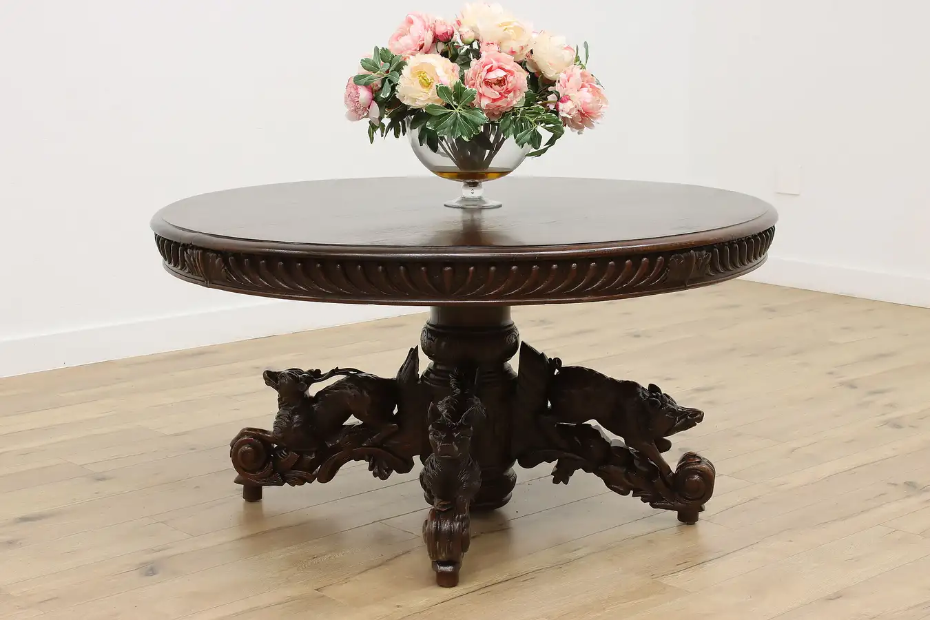 Main image of Black Forest Antique Oak Dining Table, Carved Dogs Opens 13'