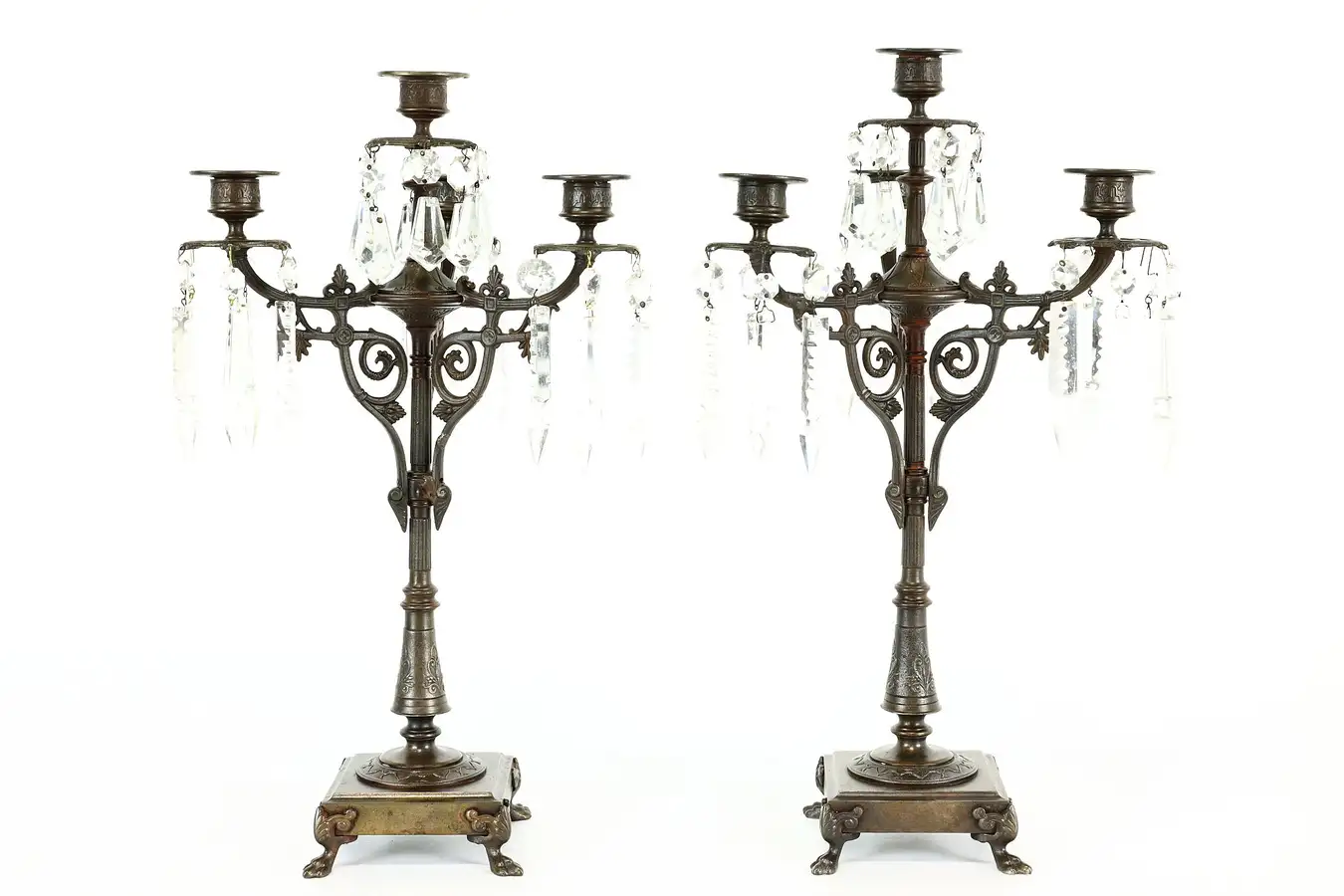 Main image of Pair of Victorian Antique 4 Candle Iron & Crystal Candelabras, Paw Feet