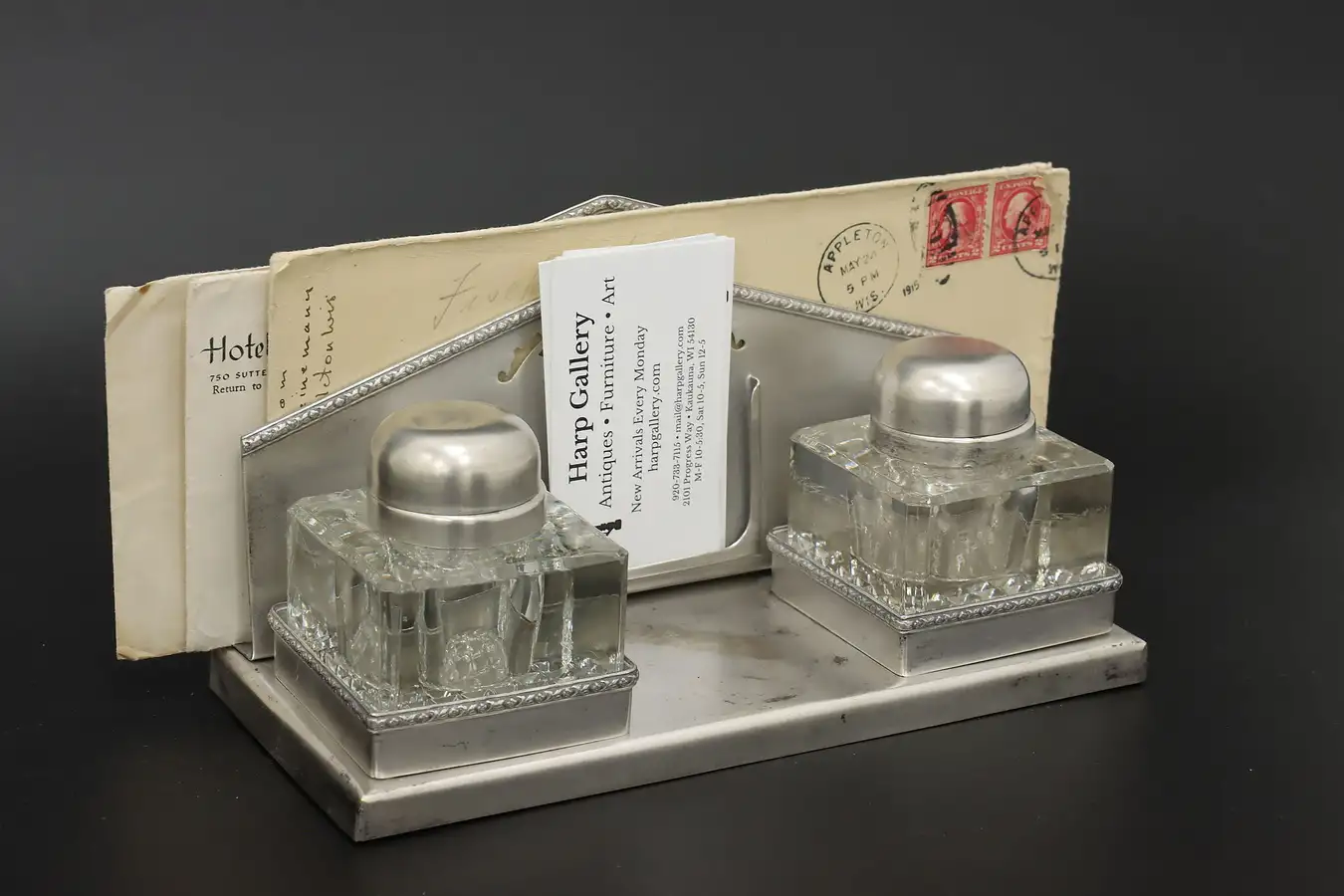 Main image of Silverplate Vintage Double Inkwell & Letter Holder, Benedict