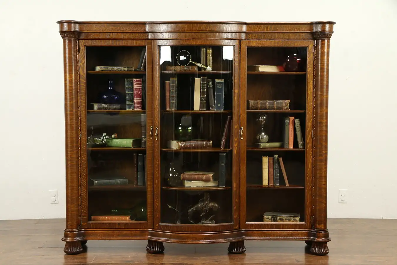 Main image of Victorian Antique Triple Oak Library Bookcase, Curved Glass